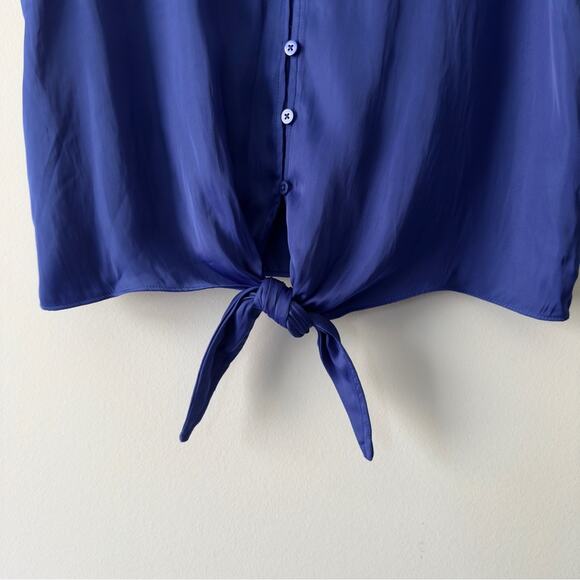 Joie Blue Flutter Sleeve Blouse Tie Front Button down Ruffle V-Neck Solid blue S - Picture 4 of 12
